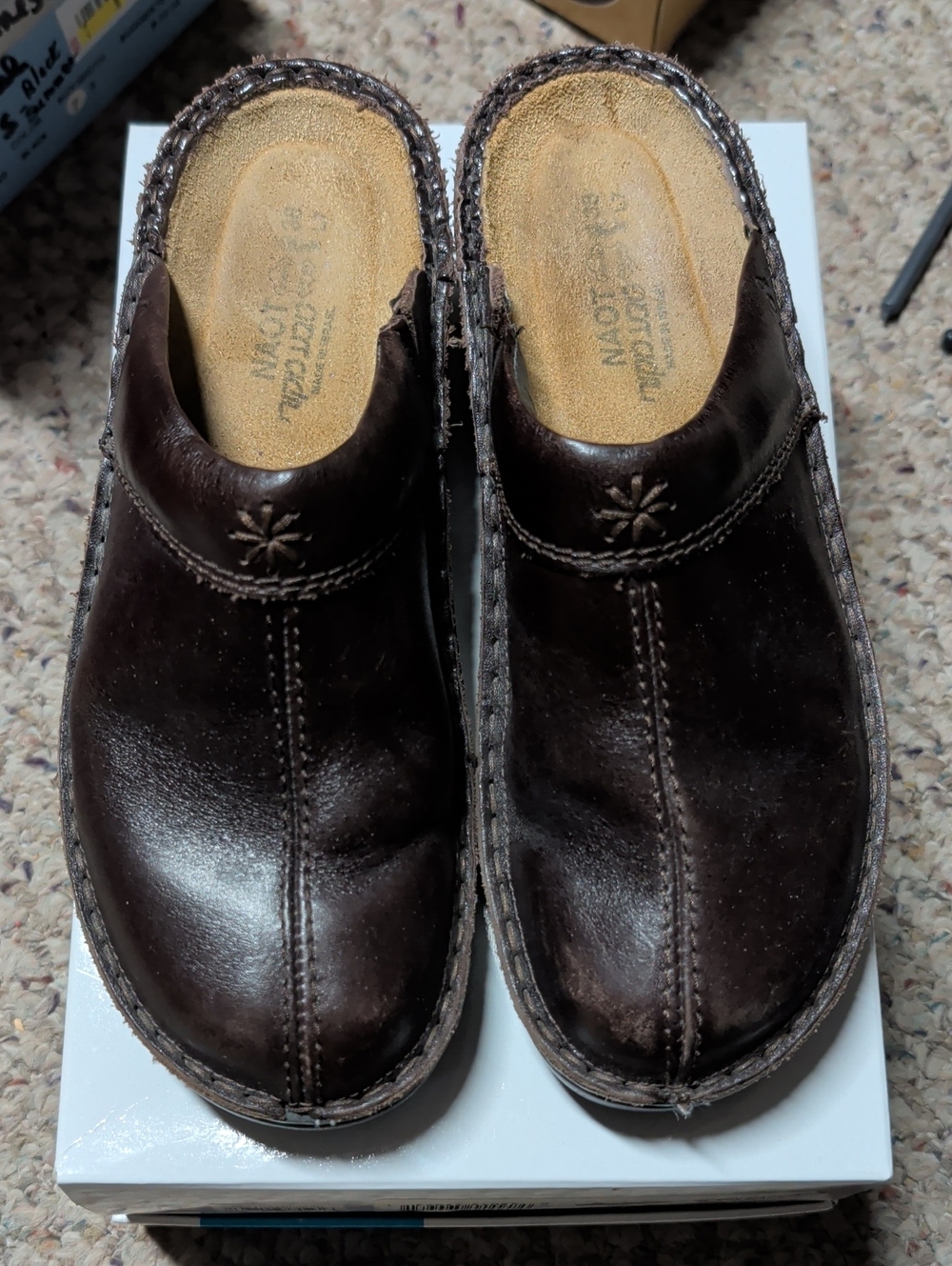 Naot Dark Brown Leather Star Stitch Slip-On Clogs Size 7